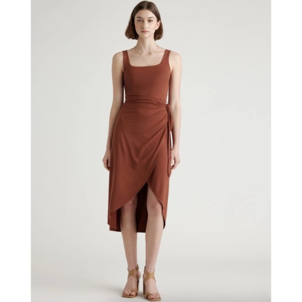 Quince Brown Tencel Jersey Side Tie Dress Sleeveless Midi Wrap sz XS Women's NWT